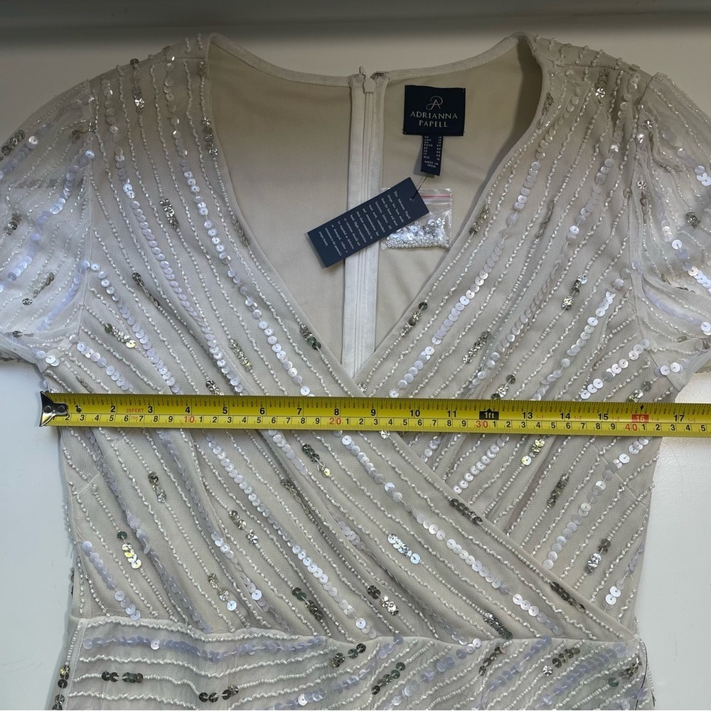 NWT Adrianna Papell White Beaded Sequins Embellished Dress Sheer Sleeves V-Neck - Picture 9 of 16